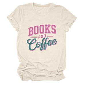 Detail view of the distressed Books and Coffee print on a beige cotton t-shirt