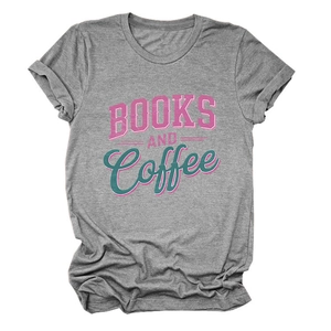 Close-up of Books and Coffee vintage print on grey heathered crewneck cotton T-shirt