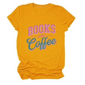 Detail of Books and Coffee typography print on yellow cotton crewneck t-shirt