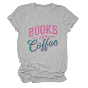 Detail showing heather gray cotton fabric and artistic Books and Coffee print on t-shirt