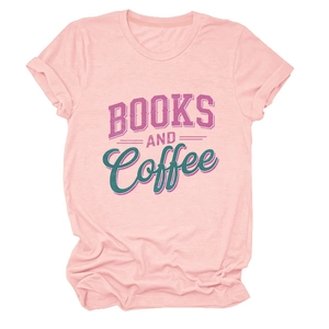 Detailed flat lay of a light pink crewneck T-shirt with BOOKS AND COFFEE printed design