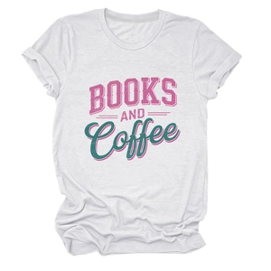 Detail of white cotton t-shirt featuring vintage BOOKS AND COFFEE graphic and rolled sleeves