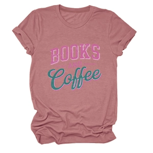 Detail of Books and Coffee print on dusty rose crewneck t-shirt with rolled sleeves