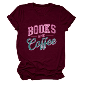 Detail of artistic 'BOOKS AND COFFEE' print on burgundy round neck short sleeve cotton T-shirt