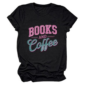 Detail of Books and Coffee vintage typography print on black cotton crewneck t-shirt