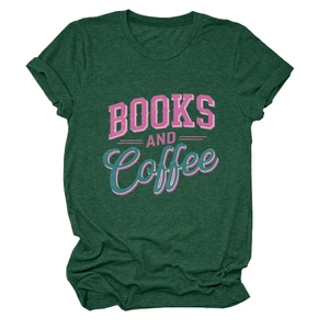 Detail of Books and Coffee typography on a dark green marl texture crew neck tee