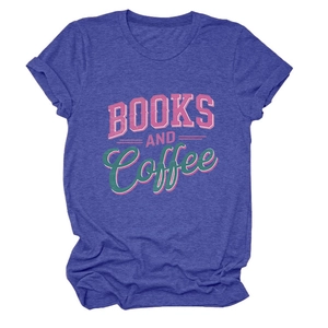 Detail of rolled sleeve and vintage BOOKS AND COFFEE print on heather blue t-shirt