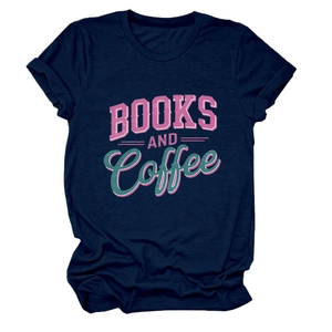 Detail of navy blue t-shirt featuring Books and Coffee print with rolled sleeve edges