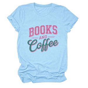Detailed close-up of light blue cotton t-shirt with Books and Coffee vintage print