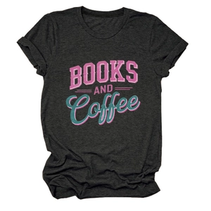 Detail of Books and Coffee graphic print on a charcoal grey cotton crew neck t-shirt