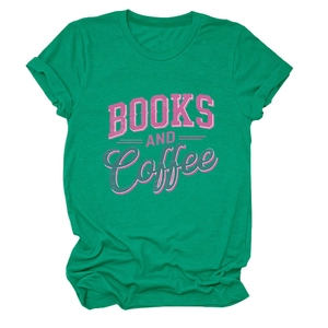 Flat lay of green cotton t-shirt with pink and dark green Books and Coffee graphic print