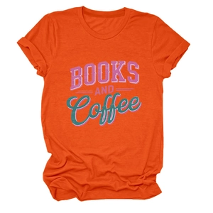 Detail view of orange cotton t-shirt with Books and Coffee print and rolled sleeves