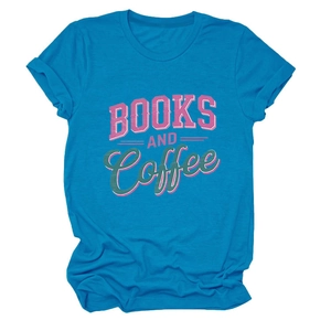 Detail of light blue cotton T-shirt featuring Books and Coffee retro typography print