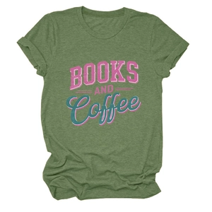 Detailed view of green heather fabric with retro pink Books and Coffee graphic print