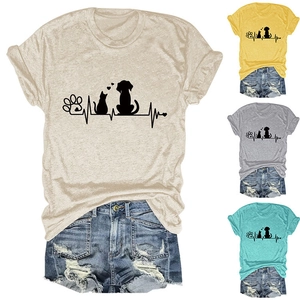 Detail view of cotton T-shirt featuring pet paw print and heartbeat line graphic