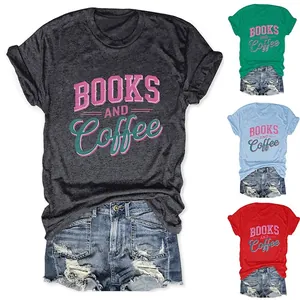 Women T-Shirt Books And Coffee Graphic Print Cotton Blend Short Sleeve Round Neck Casual Summer Daily Top