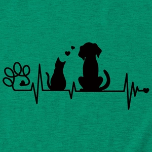 Detailed close-up of pet paw print and heartbeat graphic on teal knit t-shirt fabric
