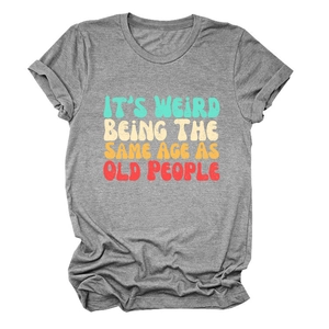 Detail of grey marl fabric texture and vintage colorful typography on the crewneck T-shirt