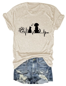 Casual summer set featuring a paw print heartbeat T-shirt and ripped denim shorts
