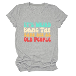 Detailed flat lay of gray cotton T-shirt featuring retro colorful humor graphic text