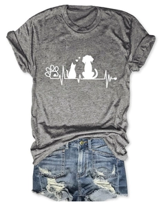 Flat lay of gray heather T-shirt with white pet paw and heartbeat print on white background