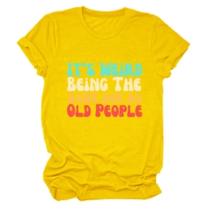 Detailed flat lay of a yellow cotton T-shirt featuring retro slogan printed graphics