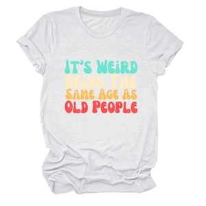 Detail of white cotton crewneck t-shirt with vintage colorful graphic slogan print