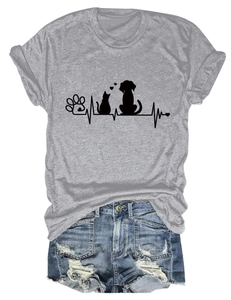 Gray t-shirt with pet paw heartbeat print and ripped denim shorts summer casual outfit
