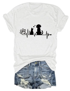 Detail of white cotton T-shirt featuring black paw prints and heartbeat pattern