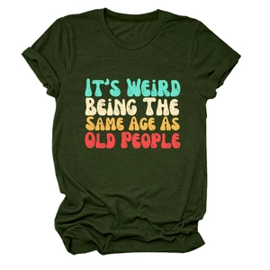 Detail of army green cotton t-shirt featuring retro colorful humorous quote print