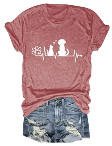 Brick red pet paw and heartbeat graphic tee paired with distressed denim shorts set