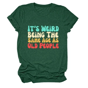 Detail of dark green cotton T-shirt with vintage text print and folded cuff design