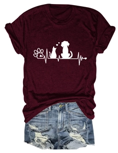 Detail of burgundy T-shirt with white cat and dog paw heart rate print and denim shorts