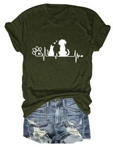 Detail of olive green t-shirt with pet heartbeat print and distressed denim shorts