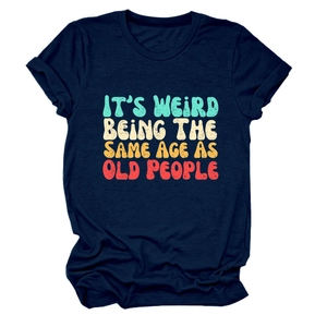 Close-up of navy blue T-shirt featuring vintage multicolor typography print on chest