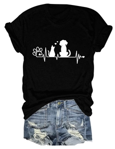 Close-up of black cotton T-shirt with heart-beat paw print design and distressed denim shorts