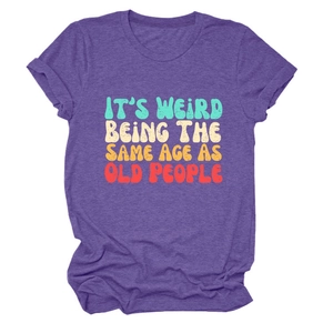 Detailed flat lay of purple cotton t-shirt with colorful vintage slogan print