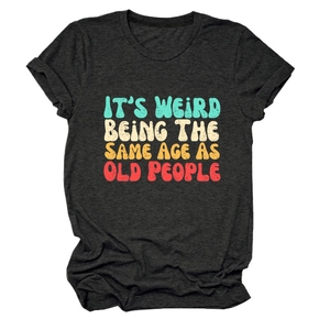 Close-up of dark heather grey cotton t-shirt with colorful text print and rolled sleeves