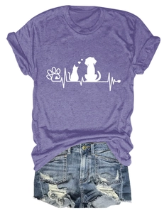 Detail of purple cotton T-shirt with pet heartbeat print and distressed denim shorts