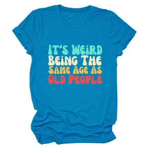 Detail view of cotton t-shirt with retro colorful IT'S WEIRD BEING THE SAME AGE slogan