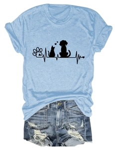 Detail of light blue t-shirt featuring black cat and dog paw heart rate graphic print