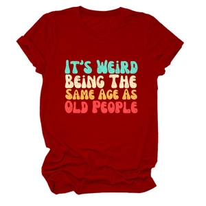 Burgundy round neck cotton T-shirt with vintage It's Weird Being the Same Age print