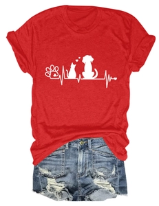 Flat lay of red cotton T-shirt with white pet heartbeat print and blue denim shorts