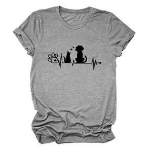 Detail of grey crewneck T-shirt featuring black cat and dog paw print heartbeat design