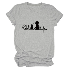 Detail of grey crewneck T-shirt featuring black cat and dog paw heart rate print