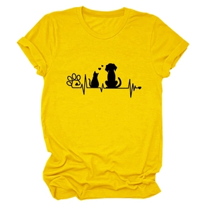 Detail of bright yellow cotton t-shirt featuring black pet heartbeat screen print design