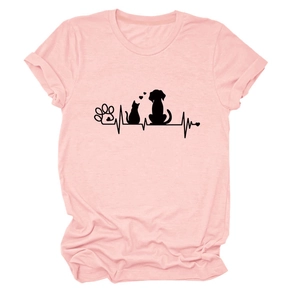 Close-up of pink cotton T-shirt featuring creative cat and dog heartbeat print detail
