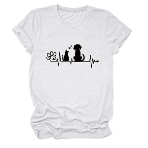 Detail of white cotton crewneck T-shirt with black paw print and pet heartbeat graphic