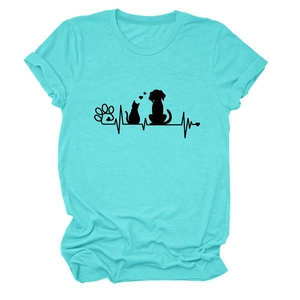 Detail of teal cotton t-shirt with screen-printed pet paw print and heartbeat line