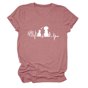 Detail of pink crew neck T-shirt with white cat and dog paw print heartbeat design